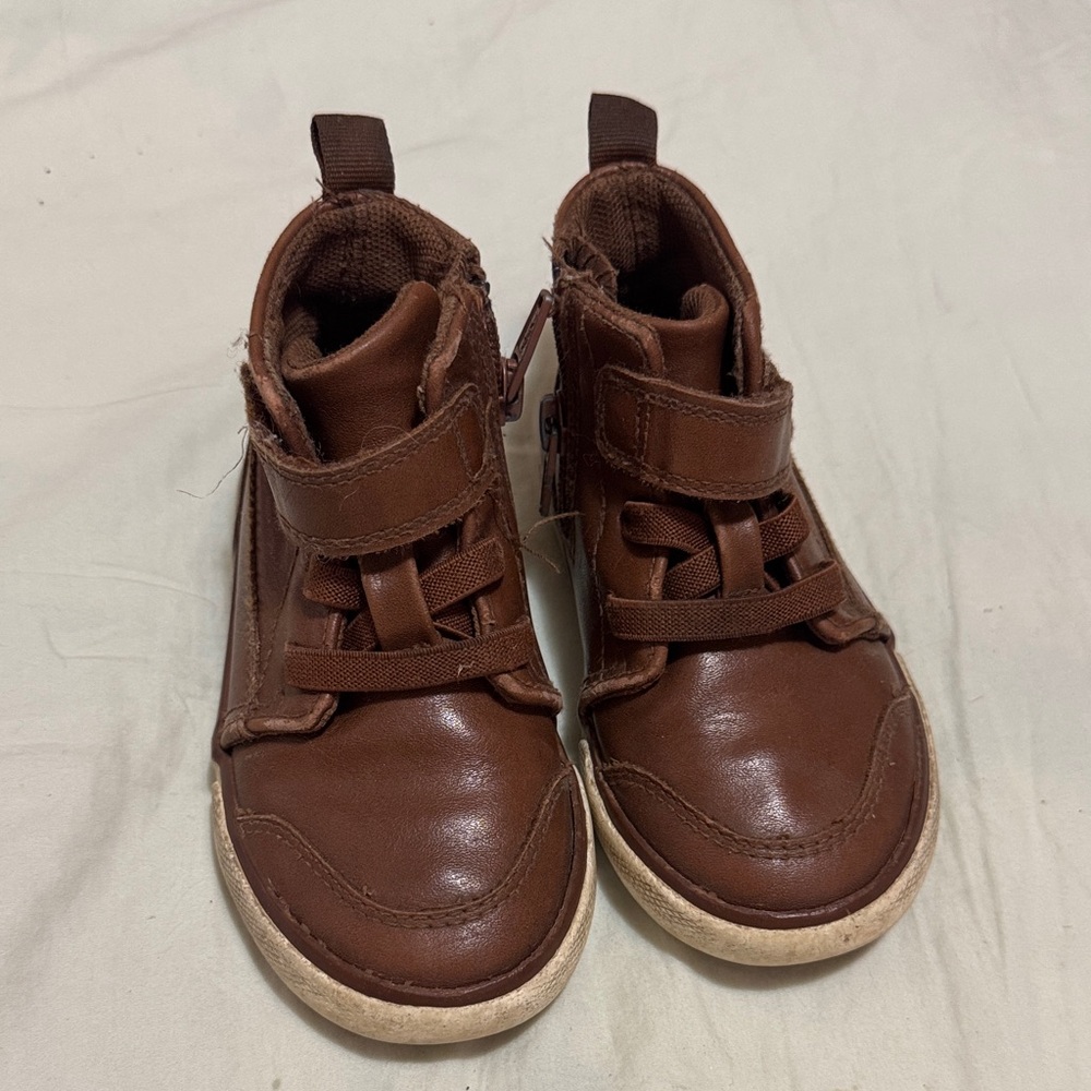 Wonder Nation Size 7 Toddler Kids Brown Faux Leather Zip Up High Top Sneakers